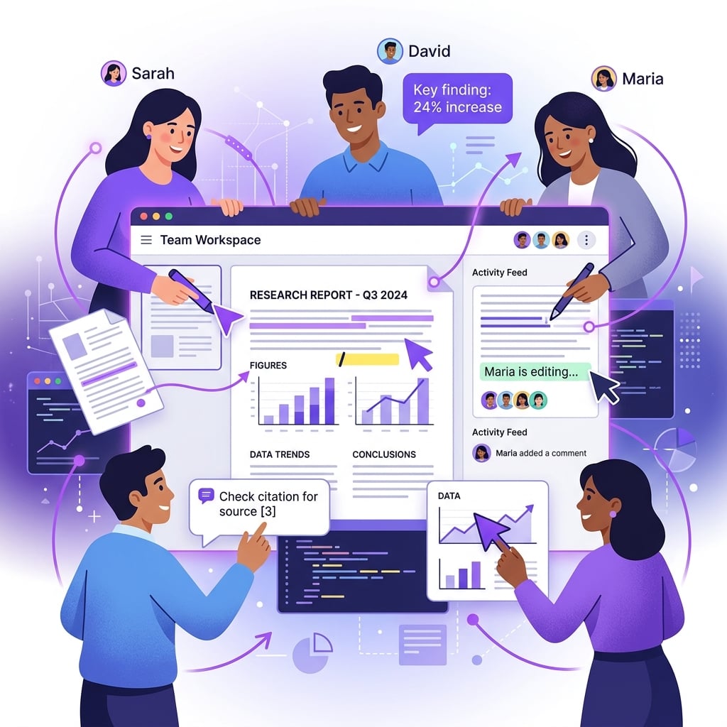 Team collaboration on research documents with shared workspace and commenting
