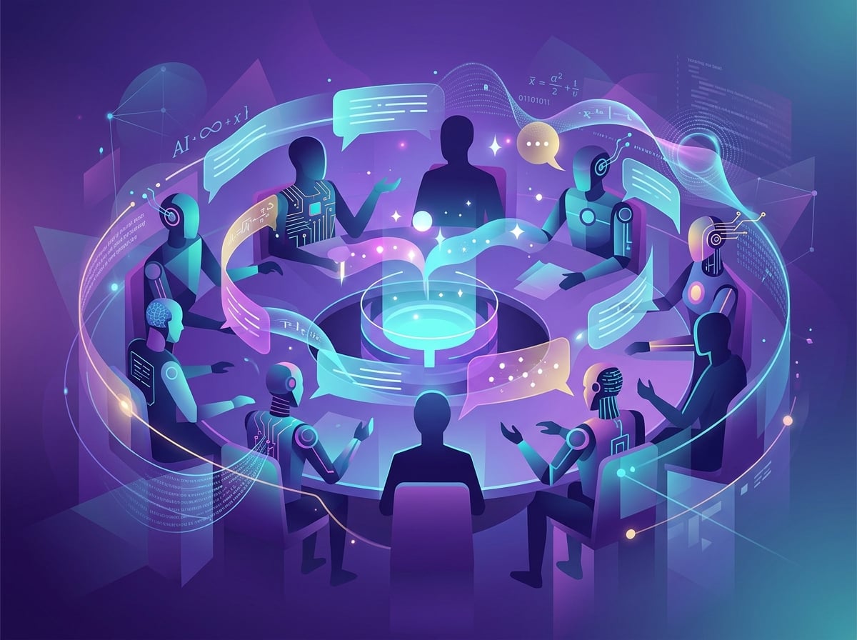 AI agents engaged in structured debate, challenging each other's claims and reaching consensus
