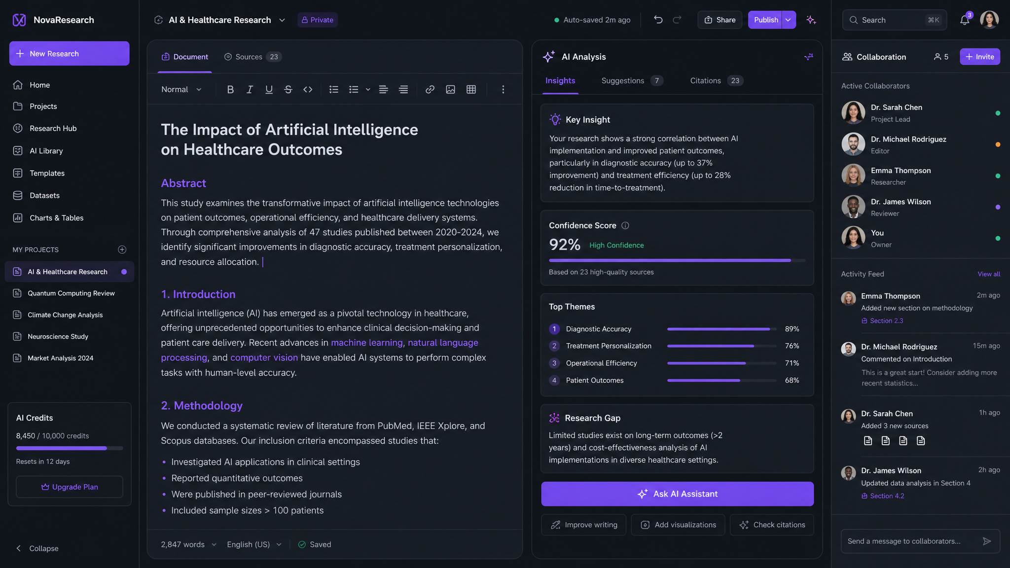 Research workspace showing document editor, AI analysis panels, and collaboration tools